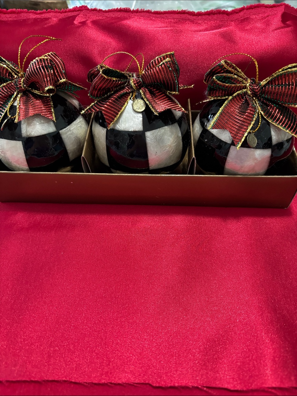 Mackenzie-Childs Courtly Check Christmas ornaments with Red Green and Gold Bow